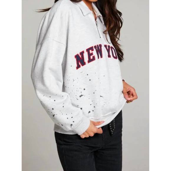 NEW CHASER new york splatter paint half zip long sleeve in light heather grey - Picture 3 of 3